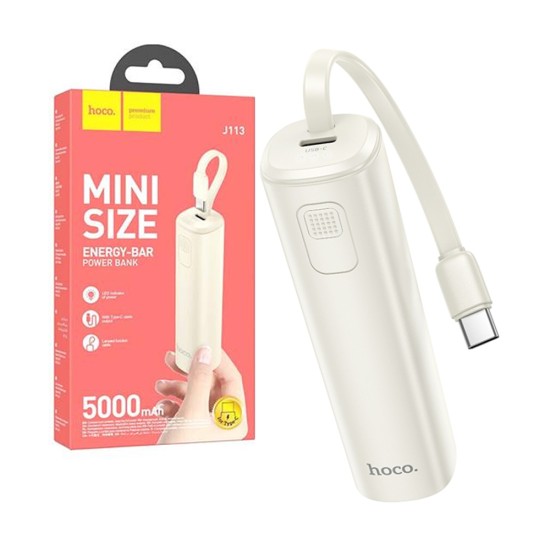 Hoco Power Bank J113 Energy Bar with Built-in Type-C Cable 5000mAh Milky White